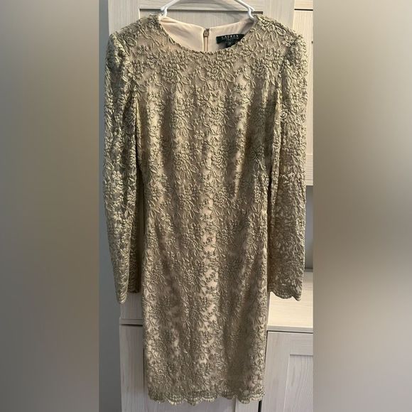 LAUREN by Ralph Lauren Scalloped Shimmering Metallic Lace Dress - Size 0 - Picture 7 of 12
